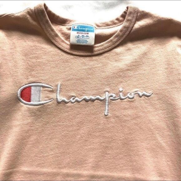 Champion crop top s/s tee T-shirt blush pink embroidered spell out Sz Medium EUC - Picture 3 of 7